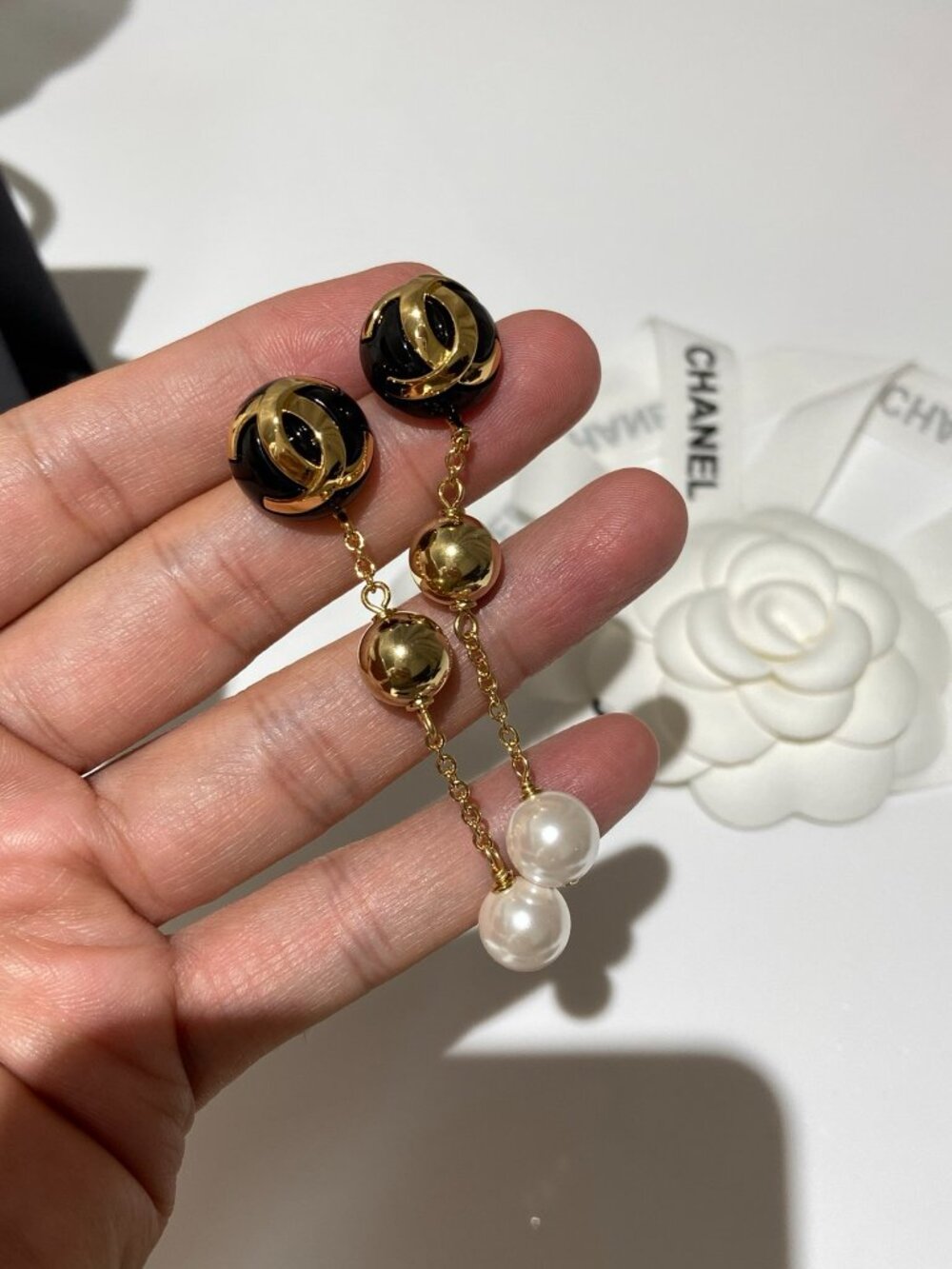 Chanel Gold-Tone Black Enamel Ball Pearl Drop Earrings